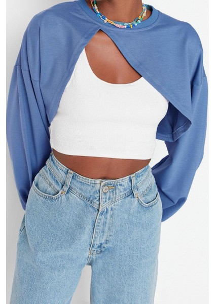 Kadın Moda Şık Crop Bisiklet Yaka Düşük Kol Crop Asimetrik Super Crop Ince Örme Sweatshirt