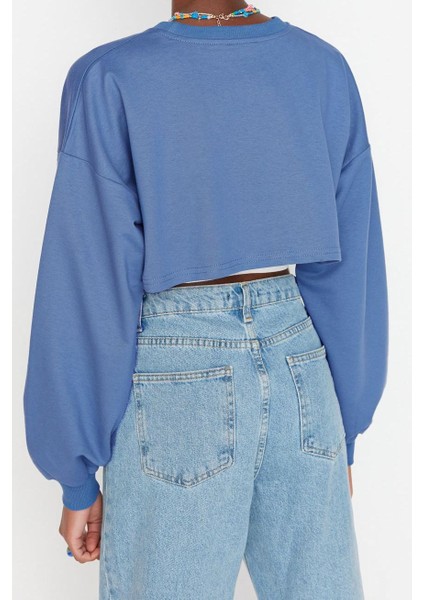 Kadın Moda Şık Crop Bisiklet Yaka Düşük Kol Crop Asimetrik Super Crop Ince Örme Sweatshirt