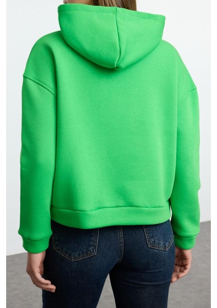 Kadın Moda Regular Kapüşonlu Düşük Kol Regular Normal Kalıp Basic Kalın Içi Polarlı Örme Sweatshirt