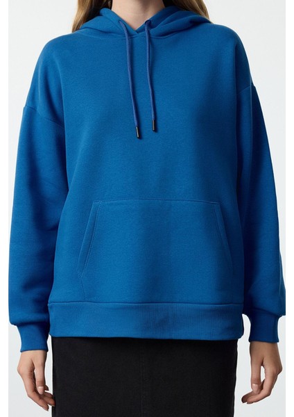 Kadın Moda Bol Kapüşonlu Düşük Kol Uzun Kalın Içi Polarlı Kanguru Cepli Geniş Kalıp Örme Sweatshirt