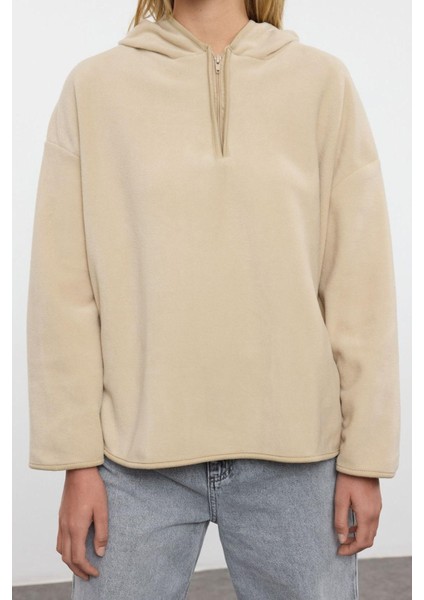 Kadın Moda Şık Bol Kapüşonlu Düşük Kol Uzun Kalın Polar ve Fermuarlı Geniş Kalıp Örme Sweatshirt