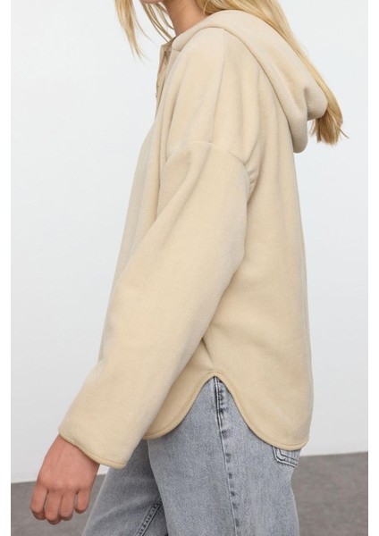 Kadın Moda Şık Bol Kapüşonlu Düşük Kol Uzun Kalın Polar ve Fermuarlı Geniş Kalıp Örme Sweatshirt