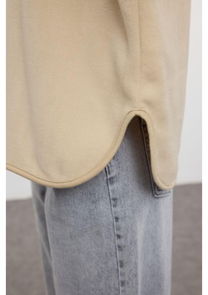 Kadın Moda Şık Bol Kapüşonlu Düşük Kol Uzun Kalın Polar ve Fermuarlı Geniş Kalıp Örme Sweatshirt