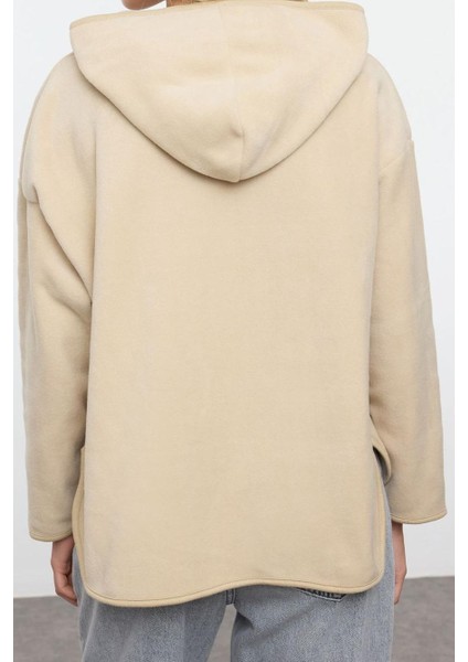 Kadın Moda Şık Bol Kapüşonlu Düşük Kol Uzun Kalın Polar ve Fermuarlı Geniş Kalıp Örme Sweatshirt