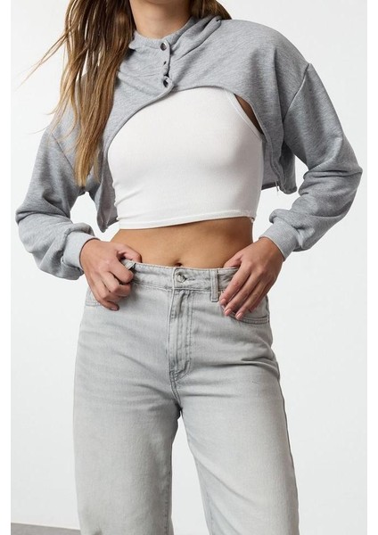 Kadın Moda Şık Regular Kapüşonlu Düşük Kol Super Crop Örme Sweatshirt