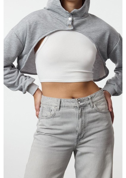 Kadın Moda Şık Regular Kapüşonlu Düşük Kol Super Crop Örme Sweatshirt
