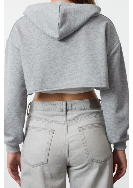 Kadın Moda Şık Regular Kapüşonlu Düşük Kol Super Crop Örme Sweatshirt