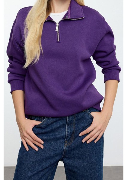 Kadın Bol Fermuarlı Yaka Düşük Kol Uzun Geniş Kalıp Fermuarlı Yaka Kalın Içi Polarlı Örme Sweatshirt fiyatları