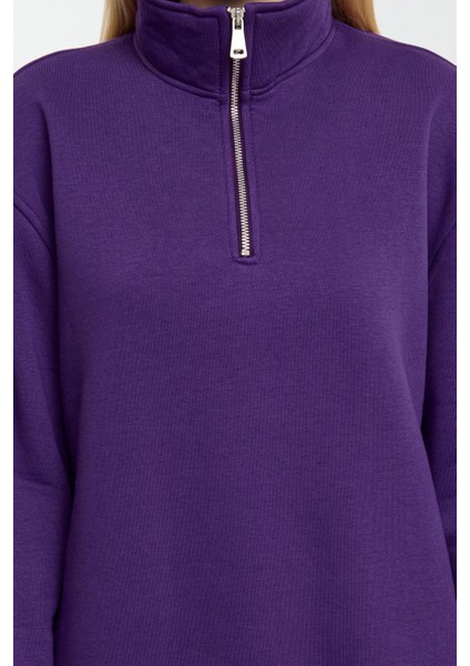 Kadın Bol Fermuarlı Yaka Düşük Kol Uzun Geniş Kalıp Fermuarlı Yaka Kalın Içi Polarlı Örme Sweatshirt fırsatları