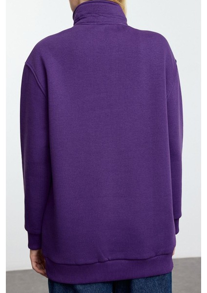 Kadın Bol Fermuarlı Yaka Düşük Kol Uzun Geniş Kalıp Fermuarlı Yaka Kalın Içi Polarlı Örme Sweatshirt indirimleri