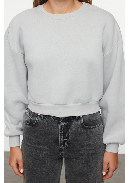 Kadın Moda Crop Dik Yaka Düşük Kol Crop Gri Rahat Kesim Crop Basic Kalın Içi Polarlı Örme Sweatshirt