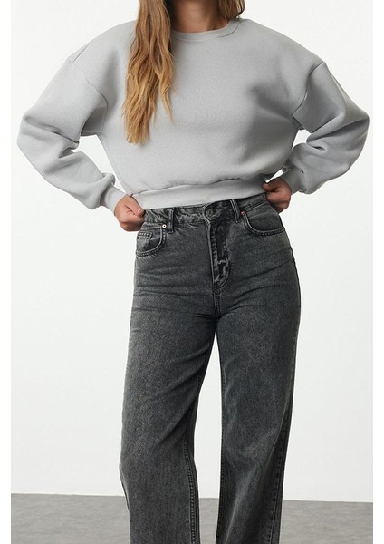 Kadın Moda Crop Dik Yaka Düşük Kol Crop Gri Rahat Kesim Crop Basic Kalın Içi Polarlı Örme Sweatshirt modelleri