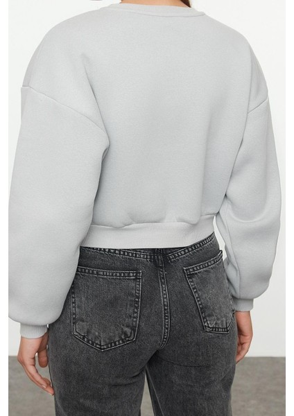 Kadın Moda Crop Dik Yaka Düşük Kol Crop Gri Rahat Kesim Crop Basic Kalın Içi Polarlı Örme Sweatshirt indirimleri