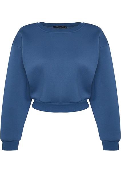 Kadın Moda Şık Crop Dik Yaka Düşük Kol Crop Rahat Kesim Crop Basic Kalın Içi Polarlı Örme Sweatshirt