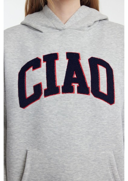 Kadın Bol Kapüşonlu Düşük Kol Uzun Kalın Içi Polarlı Sloganlı Geniş Kesim Örme Sweatshirt