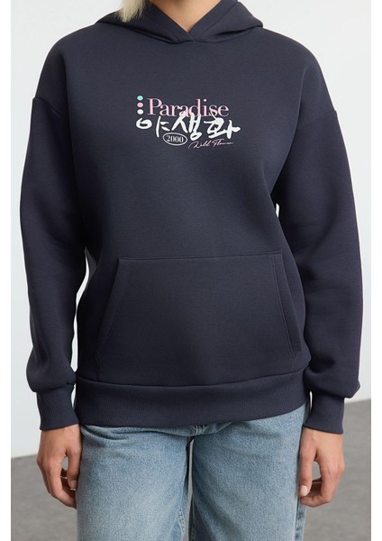 Kadın Moda Şık Bol Kapüşonlu Düşük Kol Uzun Ön Arka Baskılı Geniş Kalıp Örme Sweatshirt