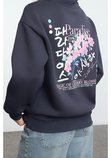 Kadın Moda Şık Bol Kapüşonlu Düşük Kol Uzun Ön Arka Baskılı Geniş Kalıp Örme Sweatshirt