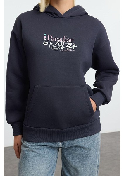 Kadın Moda Şık Bol Kapüşonlu Düşük Kol Uzun Ön Arka Baskılı Geniş Kalıp Örme Sweatshirt