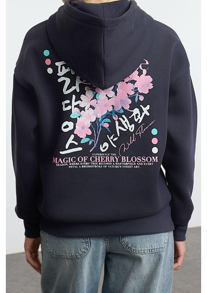 Kadın Moda Şık Bol Kapüşonlu Düşük Kol Uzun Ön Arka Baskılı Geniş Kalıp Örme Sweatshirt
