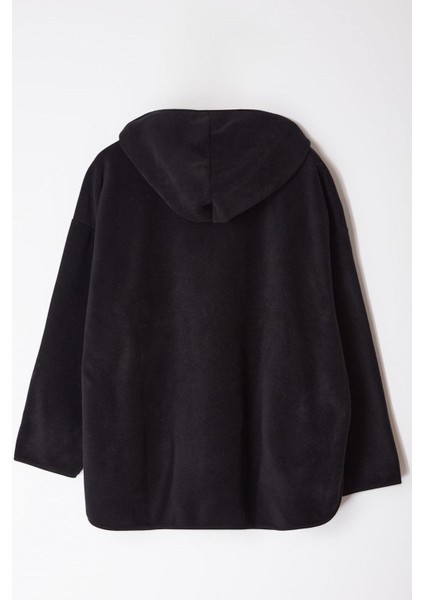 Kadın Büyük Beden Oversize Kapüşonlu Standart Kol Kalın Polar Fermuarlı Geniş Kalıp Örme Sweatshirt