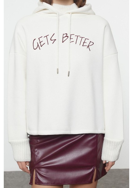 Kadın Moda Şık Relaxed Kapüşonlu Düşük Kol Uzun Kalın Içi Polarlı Triko Bant Detaylı Örme Sweatshirt