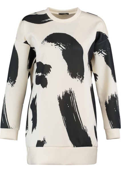 Kadın Tesettür Moda Şık Regular Bisiklet Yaka Düşük Kol Regular Beyaz Desenli Scuba Örme Sweatshirt