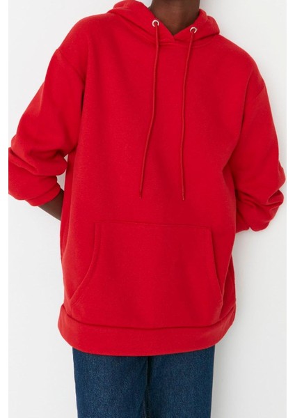 Kadın Moda Bol Kapüşonlu Düşük Kol Uzun Kalın Içi Polarlı Kanguru Cepli Boyfriend Örme Sweatshirt fiyatları