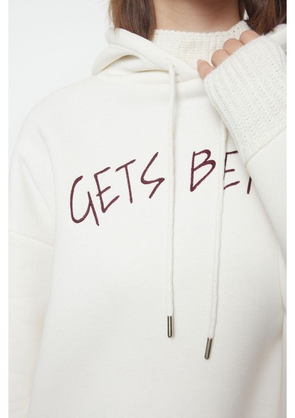 Kadın Moda Şık Relaxed Kapüşonlu Düşük Kol Uzun Kalın Içi Polarlı Triko Bant Detaylı Örme Sweatshirt
