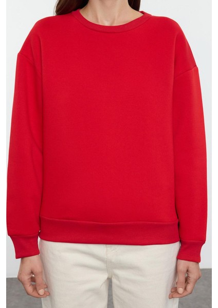 Kadın Regular Bisiklet Yaka Düşük Kol Regular Kalın Içi Polarlı Normal Kalıp Basic Örme Sweatshirt