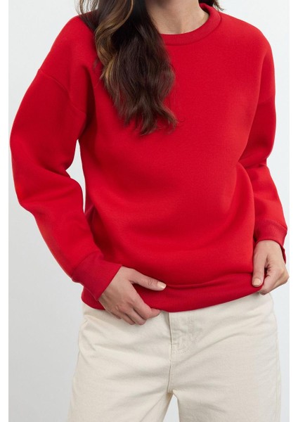 Kadın Regular Bisiklet Yaka Düşük Kol Regular Kalın Içi Polarlı Normal Kalıp Basic Örme Sweatshirt fiyatları