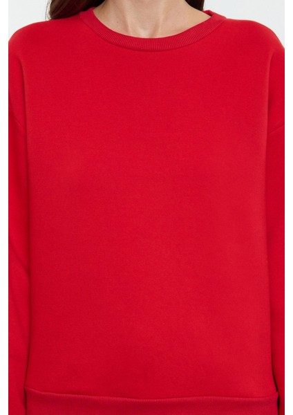 Kadın Regular Bisiklet Yaka Düşük Kol Regular Kalın Içi Polarlı Normal Kalıp Basic Örme Sweatshirt fırsatları