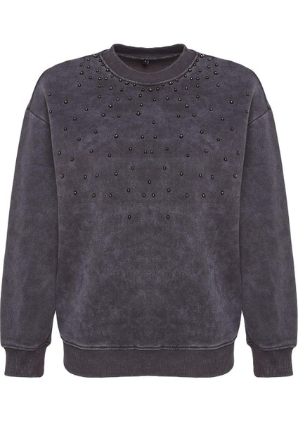 Kadın Regular Bisiklet Yaka Düşük Kol Regular Eskitme Kalın Içi Polarlı Inci Detaylı Örme Sweatshirt