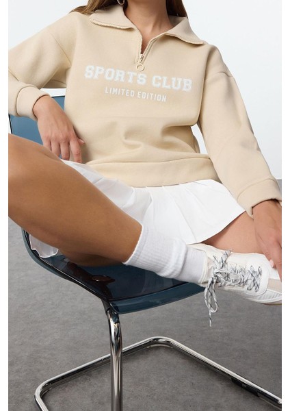 Kadın Bol Fermuarlı Yaka Düşük Kol Uzun Normal Kalıp Sloganlı Fermuarlı Kalın Içi Polarlı Sweatshirt fiyatları