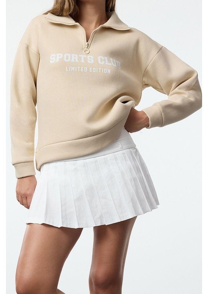 Kadın Bol Fermuarlı Yaka Düşük Kol Uzun Normal Kalıp Sloganlı Fermuarlı Kalın Içi Polarlı Sweatshirt modelleri