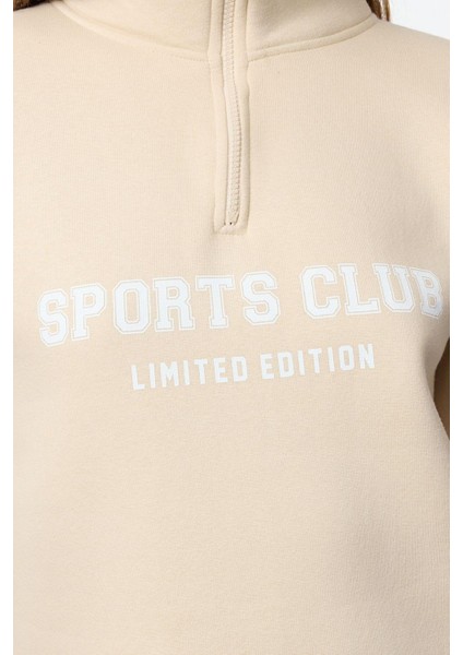Kadın Bol Fermuarlı Yaka Düşük Kol Uzun Normal Kalıp Sloganlı Fermuarlı Kalın Içi Polarlı Sweatshirt fırsatları