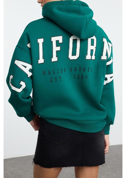 Kadın Moda Bol Kapüşonlu Düşük Kol Uzun Slogan Baskılı Geniş Kalıp Kalın Içi Polarlı Örme Sweatshirt