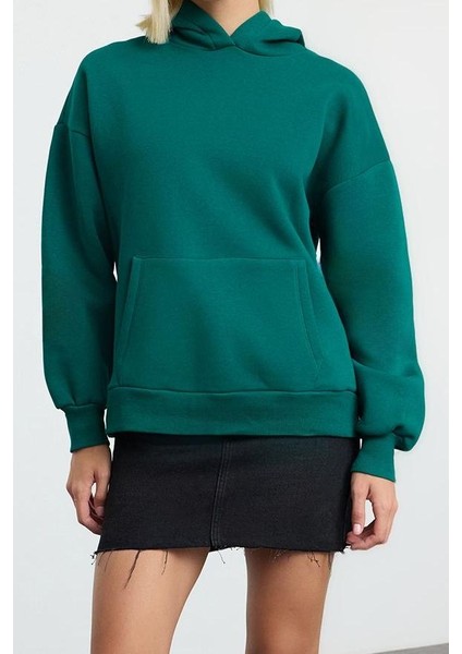 Kadın Moda Bol Kapüşonlu Düşük Kol Uzun Slogan Baskılı Geniş Kalıp Kalın Içi Polarlı Örme Sweatshirt