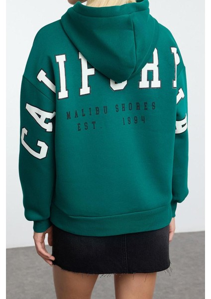 Kadın Moda Bol Kapüşonlu Düşük Kol Uzun Slogan Baskılı Geniş Kalıp Kalın Içi Polarlı Örme Sweatshirt