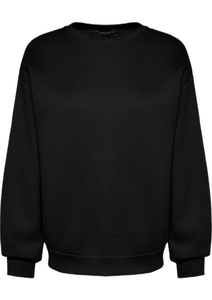 Kadın Moda Şık Oversize Bisiklet Yaka Düşük Kol Uzun Bol Kesim Kalın Içi Polarlı Örme Sweatshirt