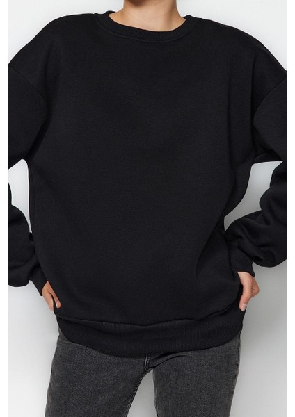 Kadın Moda Şık Oversize Bisiklet Yaka Düşük Kol Uzun Bol Kesim Kalın Içi Polarlı Örme Sweatshirt fiyatları