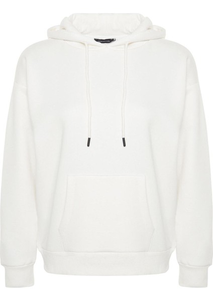 Kadın Moda Şık Oversize Kapüşonlu Düşük Kol Uzun Kalın Içi Polarlı Geniş Kalıp Basic Örme Sweatshirt