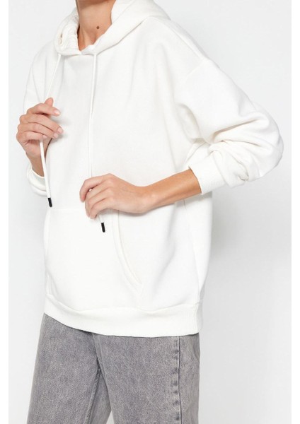 Kadın Moda Şık Oversize Kapüşonlu Düşük Kol Uzun Kalın Içi Polarlı Geniş Kalıp Basic Örme Sweatshirt fırsatları