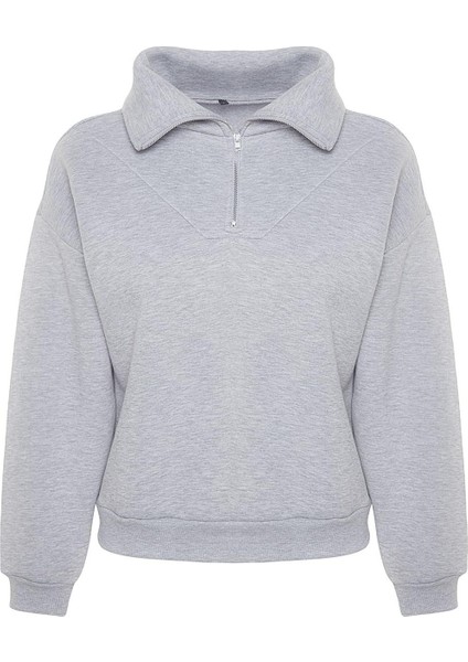 Kadın Moda Bol Fermuarlı Yaka Düşük Kol Uzun Kalın Içi Polarlı Fermuarlı Geniş Kalıp Örme Sweatshirt