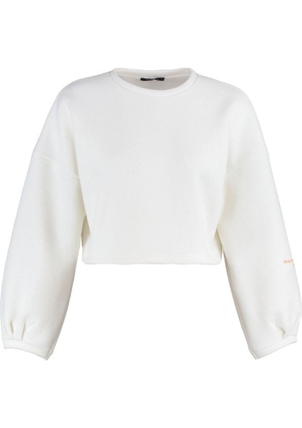 Kadın Bisiklet Yaka Düşük Kol Crop Kalın Polarlı Rahat Kesim Crop Kolu Baskılı Örme Sweatshirt