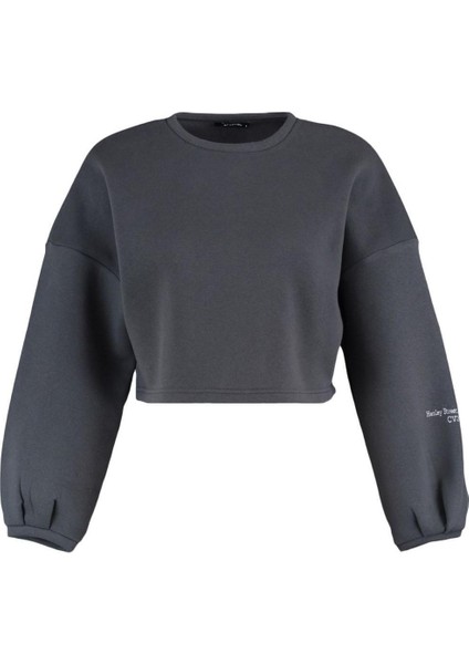 Kadın Bisiklet Yaka Düşük Kol Crop Kalın Polarlı Rahat Kesim Crop Kolu Baskılı Örme Sweatshirt