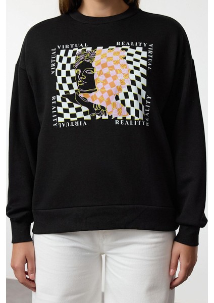 Kadın Moda Şık Bol Bisiklet Yaka Düşük Kol Uzun Ince Baskılı Normal Kesim Örme Sweatshirt
