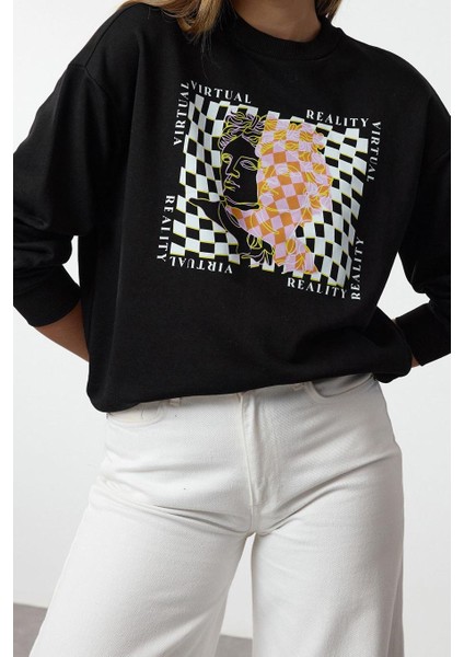 Kadın Moda Şık Bol Bisiklet Yaka Düşük Kol Uzun Ince Baskılı Normal Kesim Örme Sweatshirt fiyatları