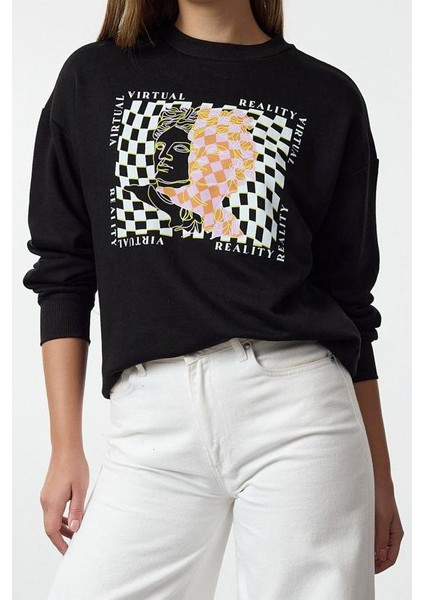 Kadın Moda Şık Bol Bisiklet Yaka Düşük Kol Uzun Ince Baskılı Normal Kesim Örme Sweatshirt modelleri