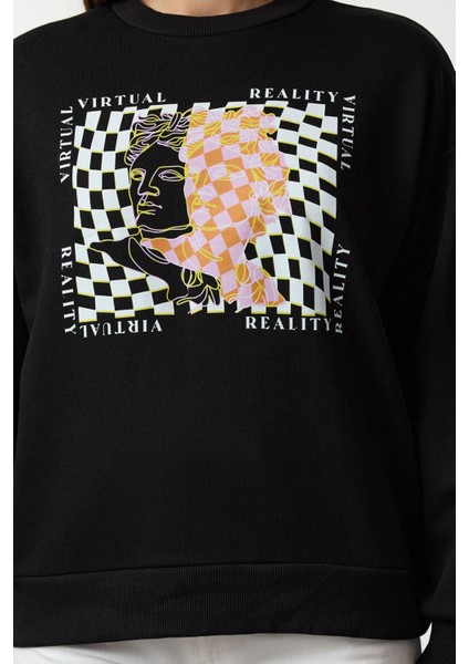 Kadın Moda Şık Bol Bisiklet Yaka Düşük Kol Uzun Ince Baskılı Normal Kesim Örme Sweatshirt fırsatları