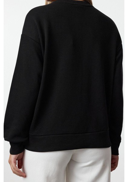 Kadın Moda Şık Bol Bisiklet Yaka Düşük Kol Uzun Ince Baskılı Normal Kesim Örme Sweatshirt indirimleri